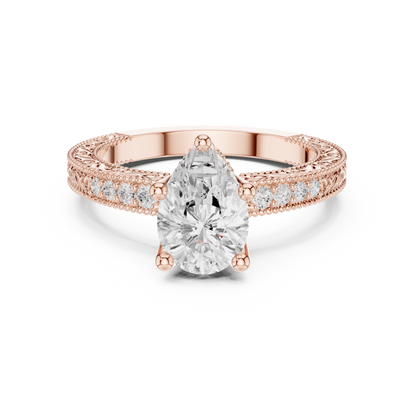 2.19ctw Vintage Pear Cut Ring with Milgrain Filigree Hidden Halo | Yellow Gold
