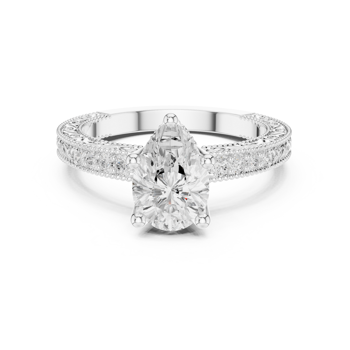 2.19ctw Vintage Pear Cut Ring with Milgrain Filigree Hidden Halo | Yellow Gold