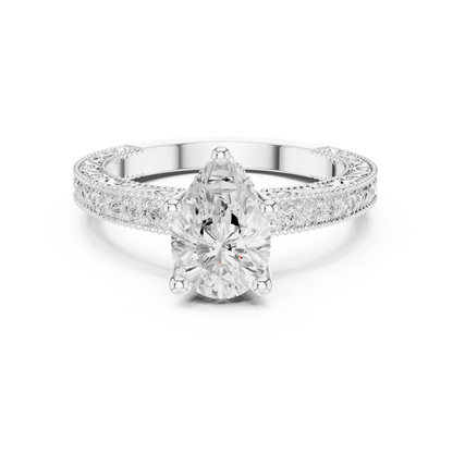 2.19ctw Vintage Pear Cut Ring with Milgrain Filigree Hidden Halo | Yellow Gold
