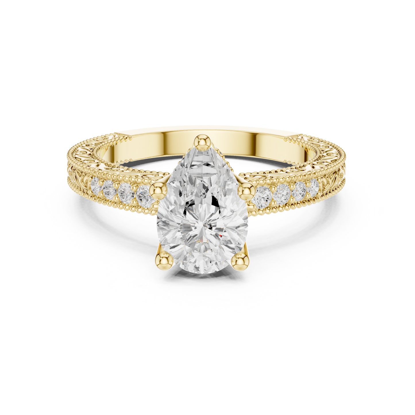 2.19ctw Vintage Pear Cut Ring with Milgrain Filigree Hidden Halo | Yellow Gold