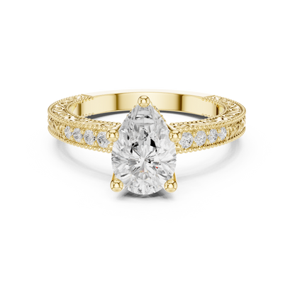 2.19ctw Vintage Pear Cut Ring with Milgrain Filigree Hidden Halo | Yellow Gold