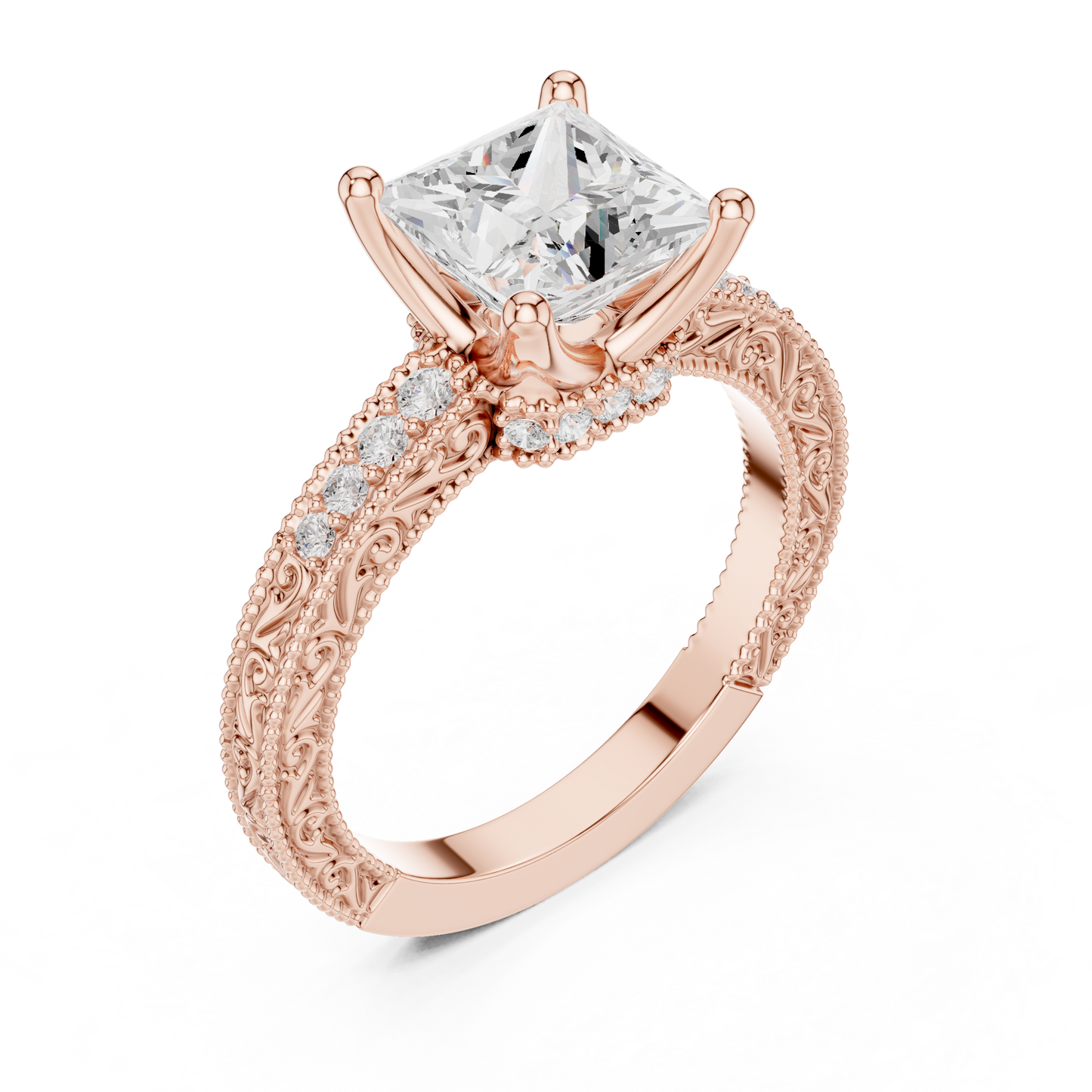 2.19ctw Vintage Princess Cut Ring with Milgrain Filigree Hidden Halo | Yellow Gold