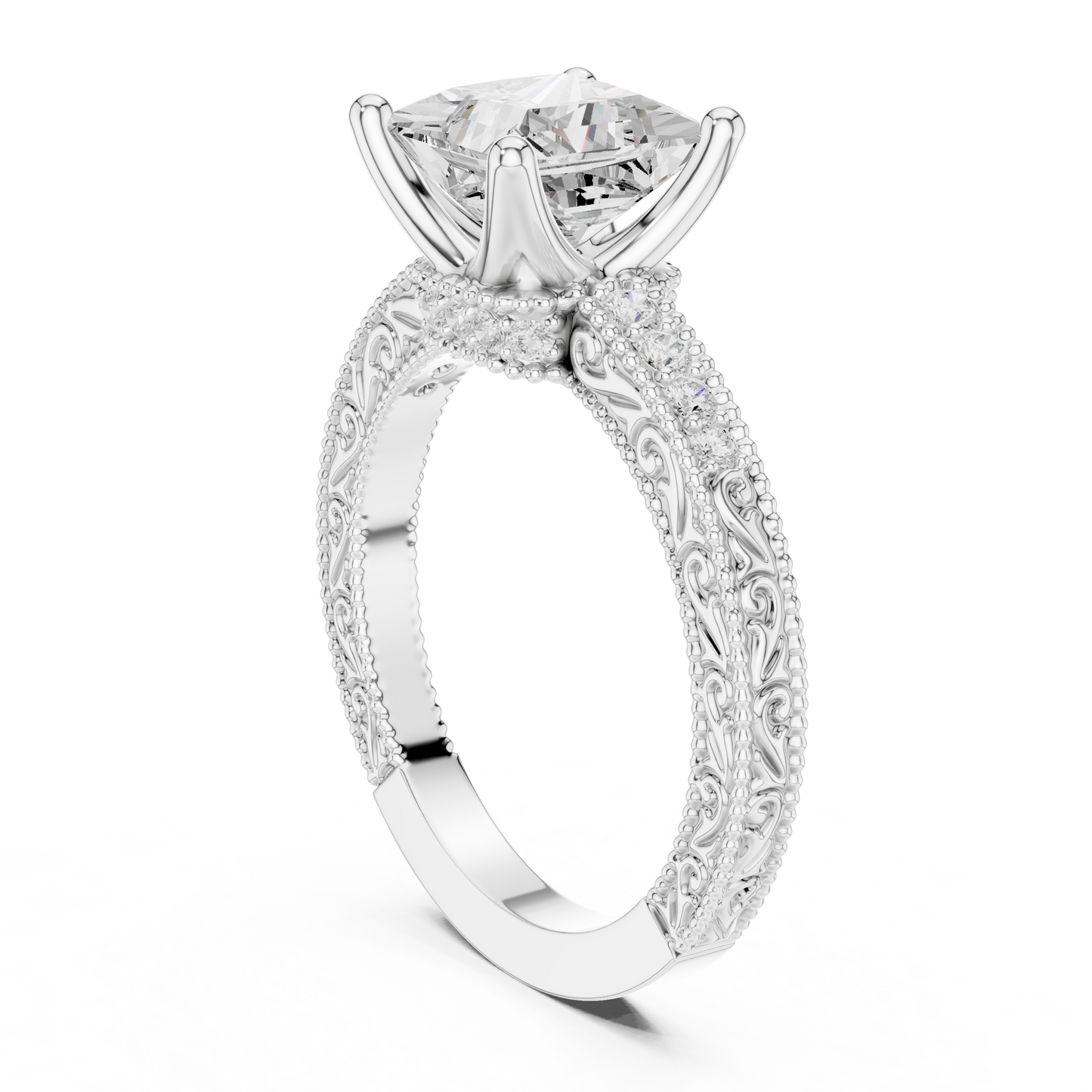 2.19ctw Vintage Princess Cut Ring with Milgrain Filigree Hidden Halo | Yellow Gold