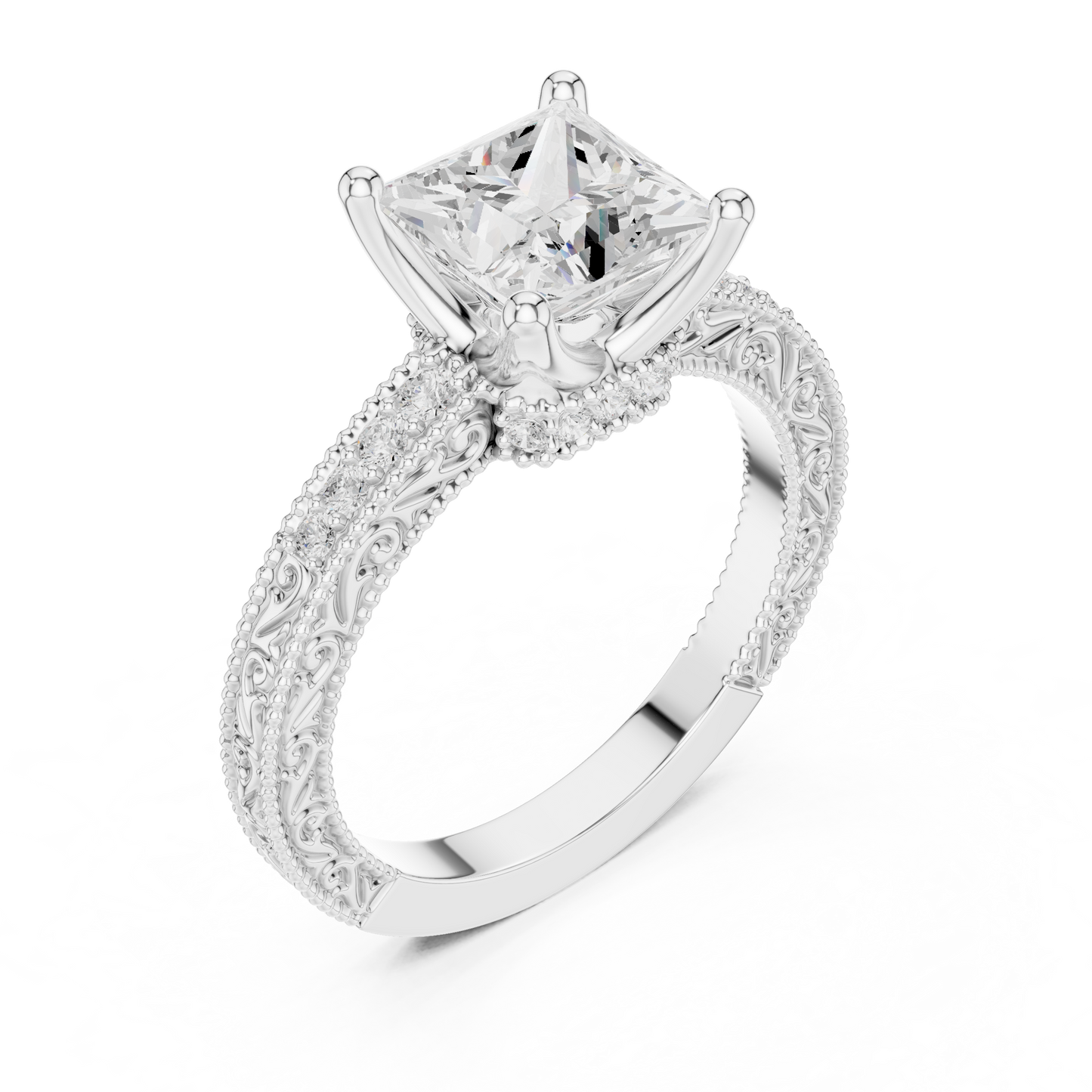 2.19ctw Vintage Princess Cut Ring with Milgrain Filigree Hidden Halo | Yellow Gold