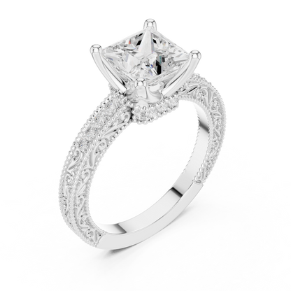 2.19ctw Vintage Princess Cut Ring with Milgrain Filigree Hidden Halo | Yellow Gold