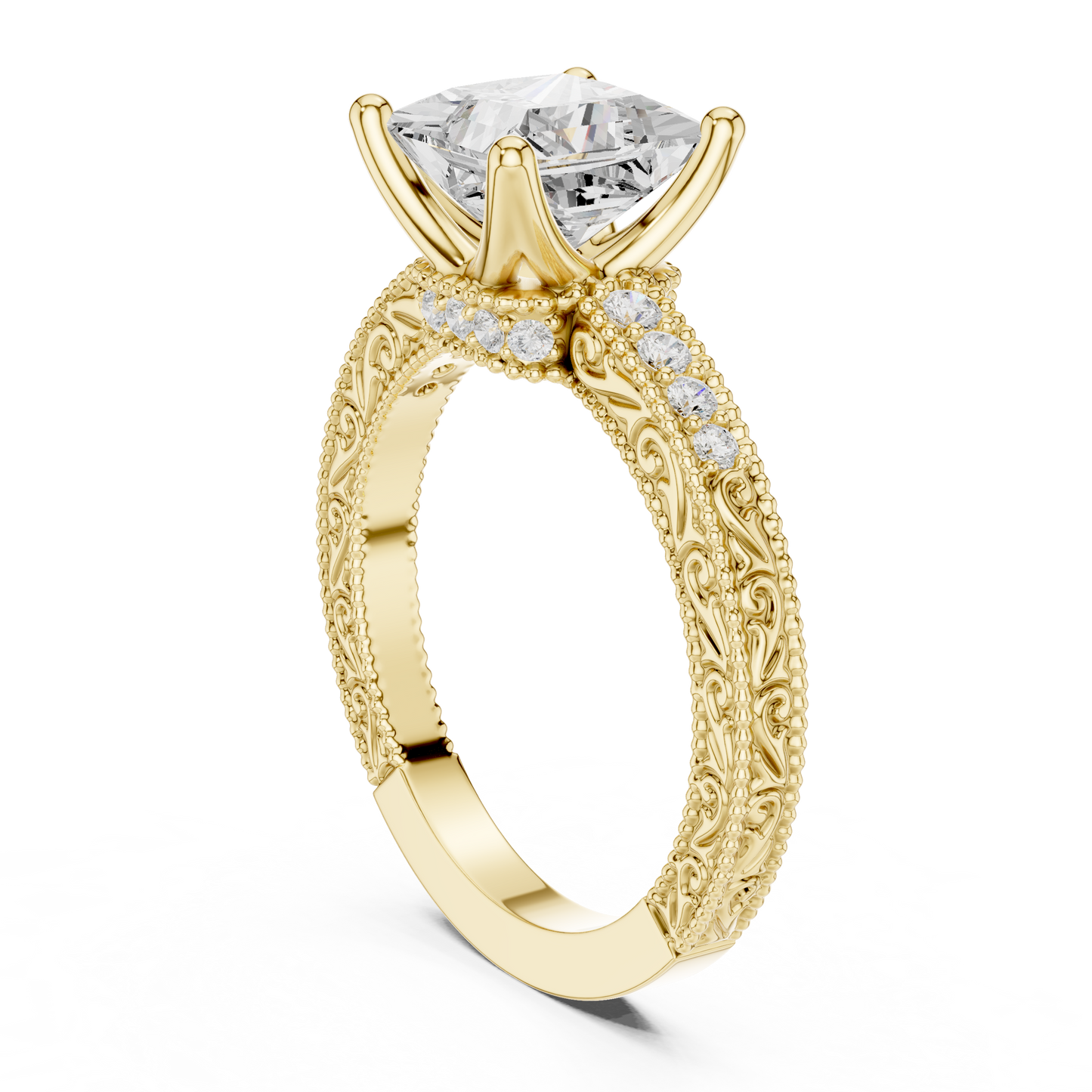 2.19ctw Vintage Princess Cut Ring with Milgrain Filigree Hidden Halo | Yellow Gold