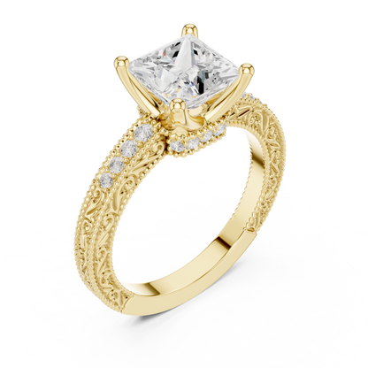 2.19ctw Vintage Princess Cut Ring with Milgrain Filigree Hidden Halo | Yellow Gold