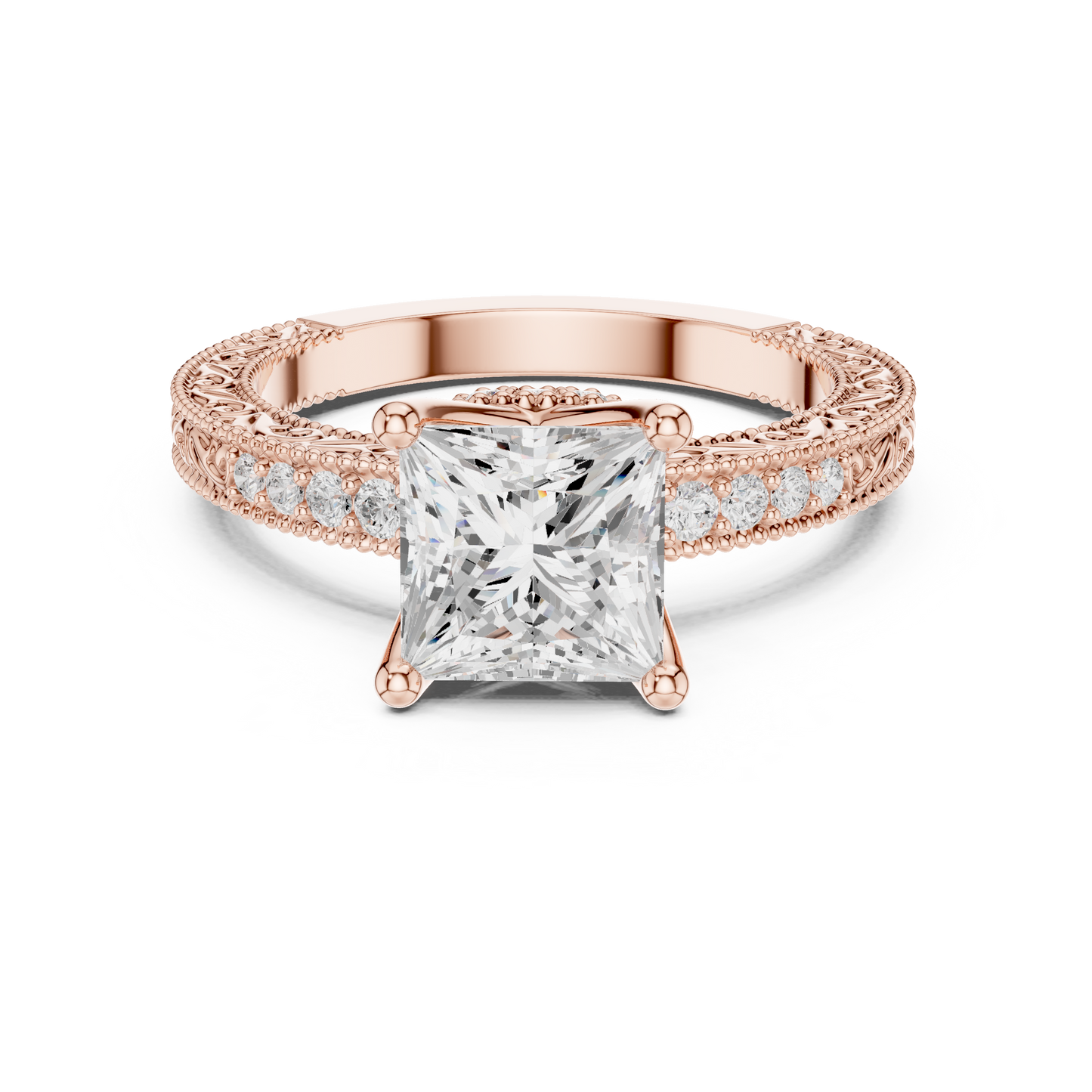 2.19ctw Vintage Princess Cut Ring with Milgrain Filigree Hidden Halo | Yellow Gold