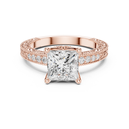 2.19ctw Vintage Princess Cut Ring with Milgrain Filigree Hidden Halo | Yellow Gold