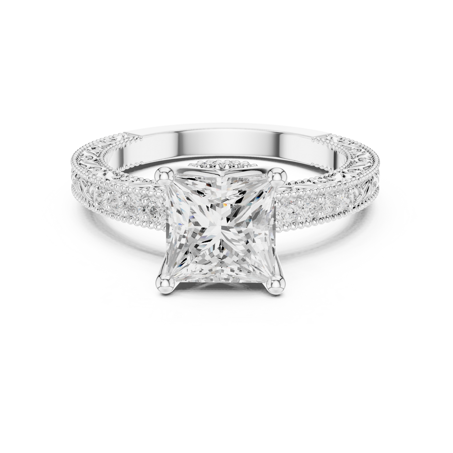 2.19ctw Vintage Princess Cut Ring with Milgrain Filigree Hidden Halo | Yellow Gold