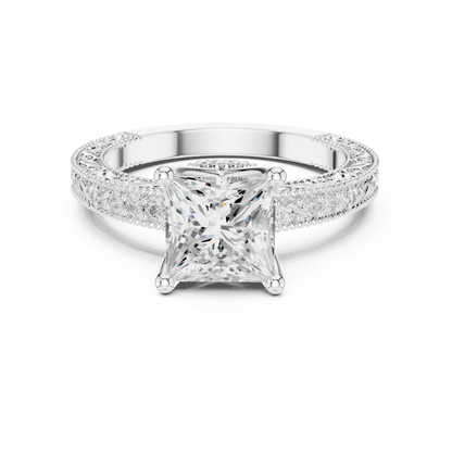 2.19ctw Vintage Princess Cut Ring with Milgrain Filigree Hidden Halo | Yellow Gold