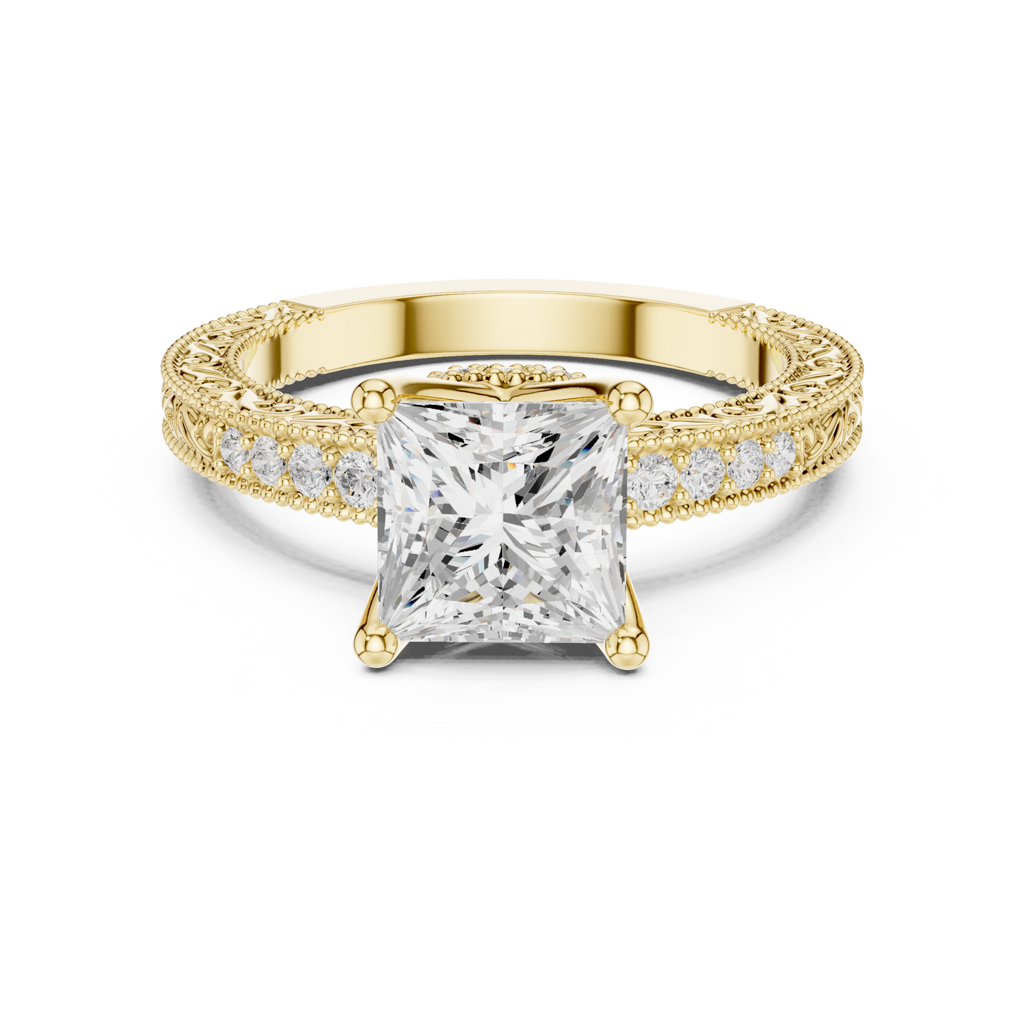 2.19ctw Vintage Princess Cut Ring with Milgrain Filigree Hidden Halo | Yellow Gold