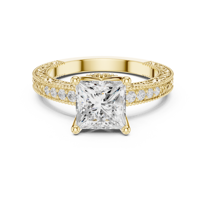 2.19ctw Vintage Princess Cut Ring with Milgrain Filigree Hidden Halo | Yellow Gold