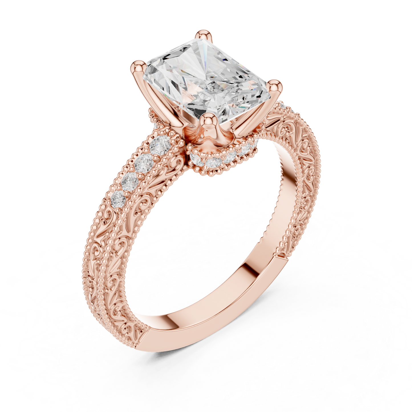 2.21ctw Vintage Radiant Cut Ring with Milgrain Filigree Hidden Halo | Yellow Gold