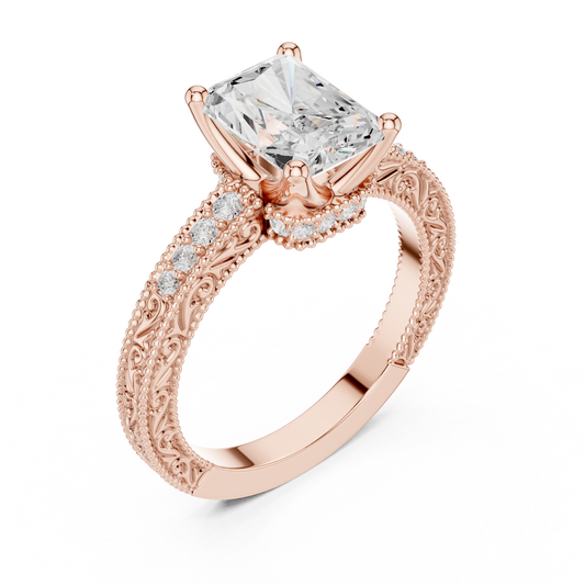 2.21ctw Vintage Radiant Cut Ring with Milgrain Filigree Hidden Halo | Yellow Gold