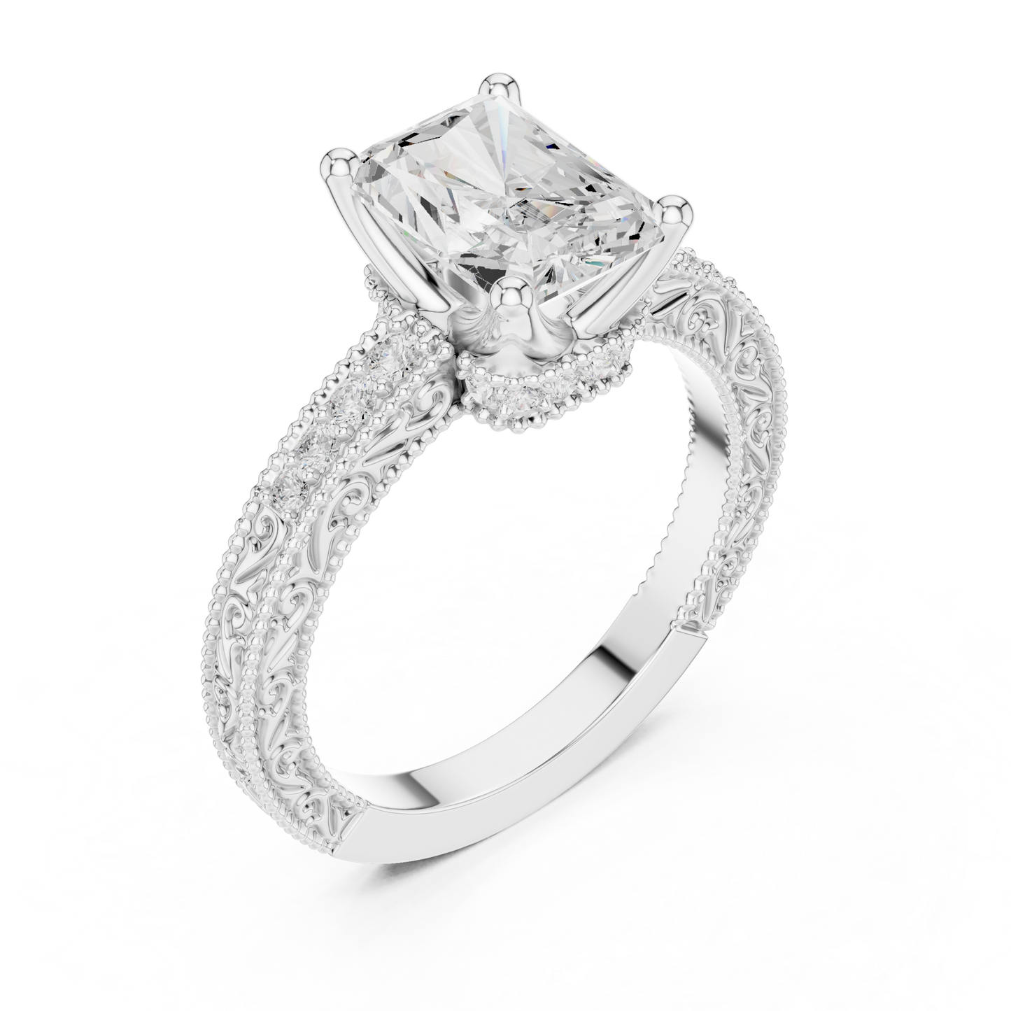 2.21ctw Vintage Radiant Cut Ring with Milgrain Filigree Hidden Halo | Yellow Gold