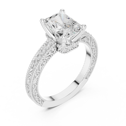2.21ctw Vintage Radiant Cut Ring with Milgrain Filigree Hidden Halo | Yellow Gold
