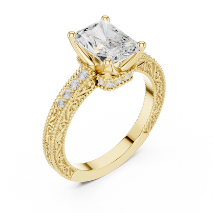 2.21ctw Vintage Radiant Cut Ring with Milgrain Filigree Hidden Halo | Yellow Gold