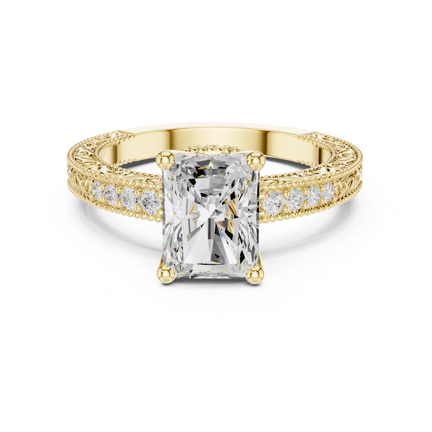 2.21ctw Vintage Radiant Cut Ring with Milgrain Filigree Hidden Halo | Yellow Gold