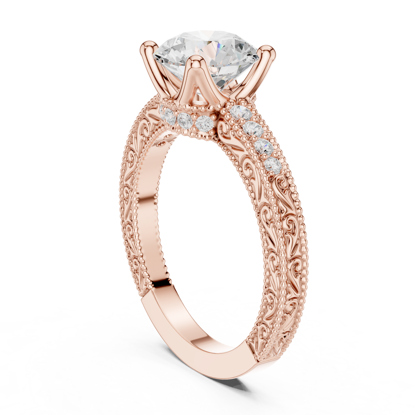 2.21ctw Vintage Round Cut Ring with Milgrain Filigree Hidden Halo | Yellow Gold