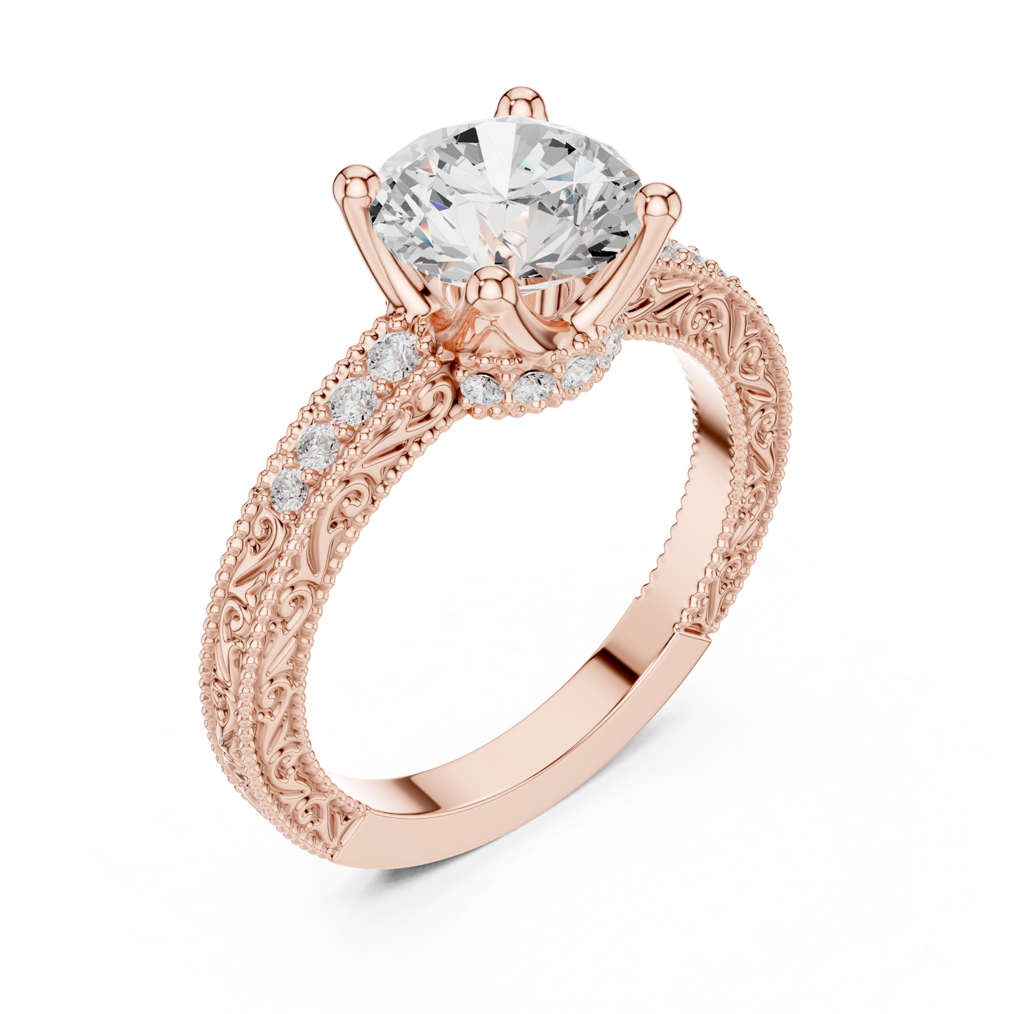 2.21ctw Vintage Round Cut Ring with Milgrain Filigree Hidden Halo | Yellow Gold