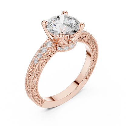 2.21ctw Vintage Round Cut Ring with Milgrain Filigree Hidden Halo | Yellow Gold