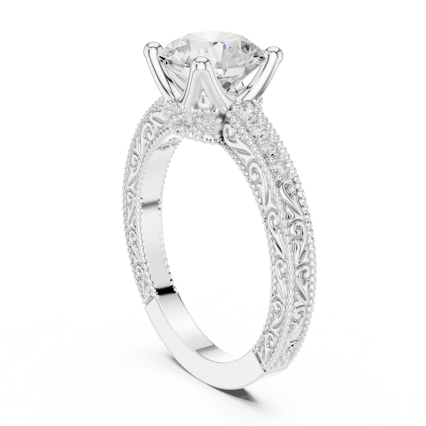 2.21ctw Vintage Round Cut Ring with Milgrain Filigree Hidden Halo | Yellow Gold