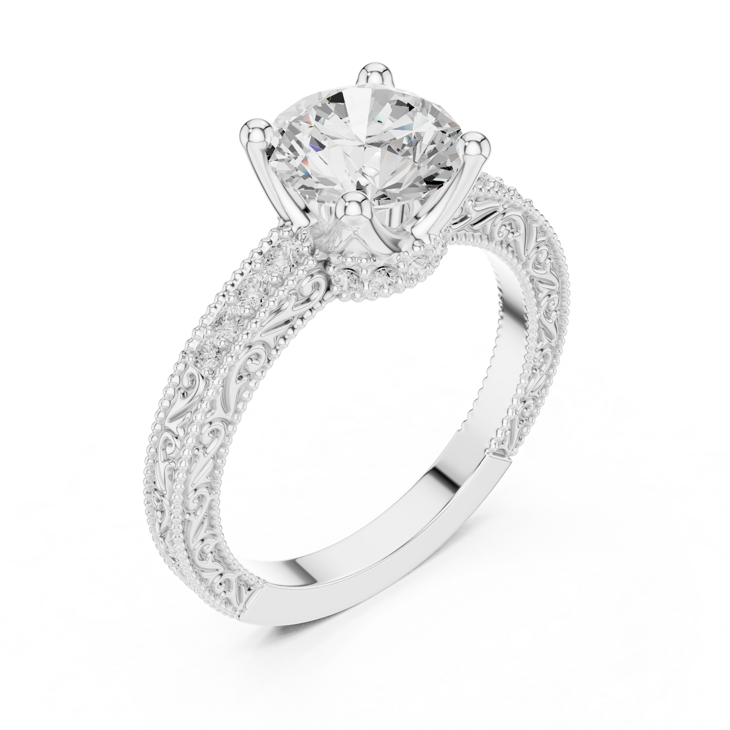 2.21ctw Vintage Round Cut Ring with Milgrain Filigree Hidden Halo | Yellow Gold