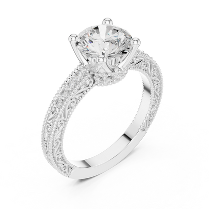 2.21ctw Vintage Round Cut Ring with Milgrain Filigree Hidden Halo | Yellow Gold