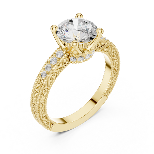 2.21ctw Vintage Round Cut Ring with Milgrain Filigree Hidden Halo | Yellow Gold