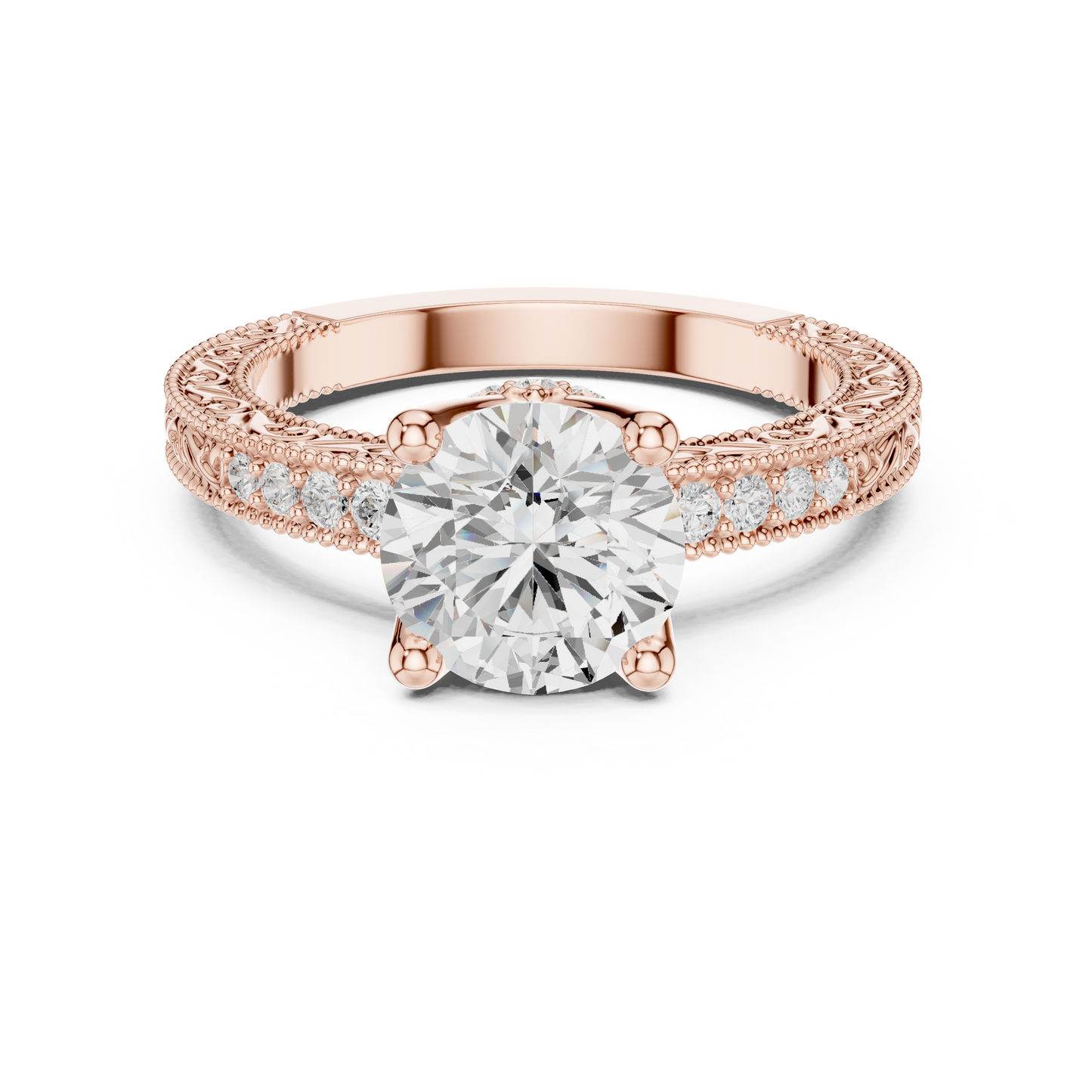 2.21ctw Vintage Round Cut Ring with Milgrain Filigree Hidden Halo | Yellow Gold