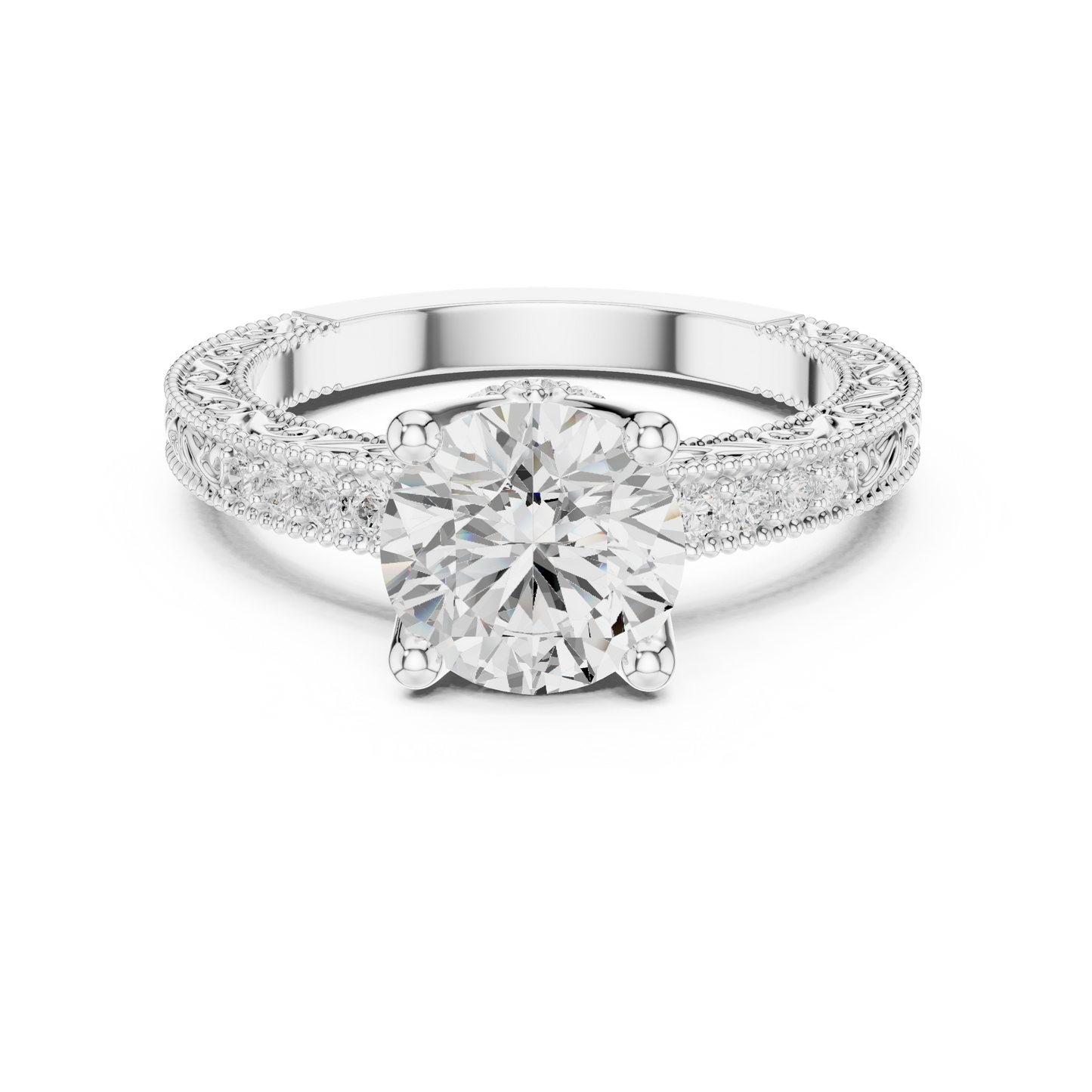 2.21ctw Vintage Round Cut Ring with Milgrain Filigree Hidden Halo | Yellow Gold