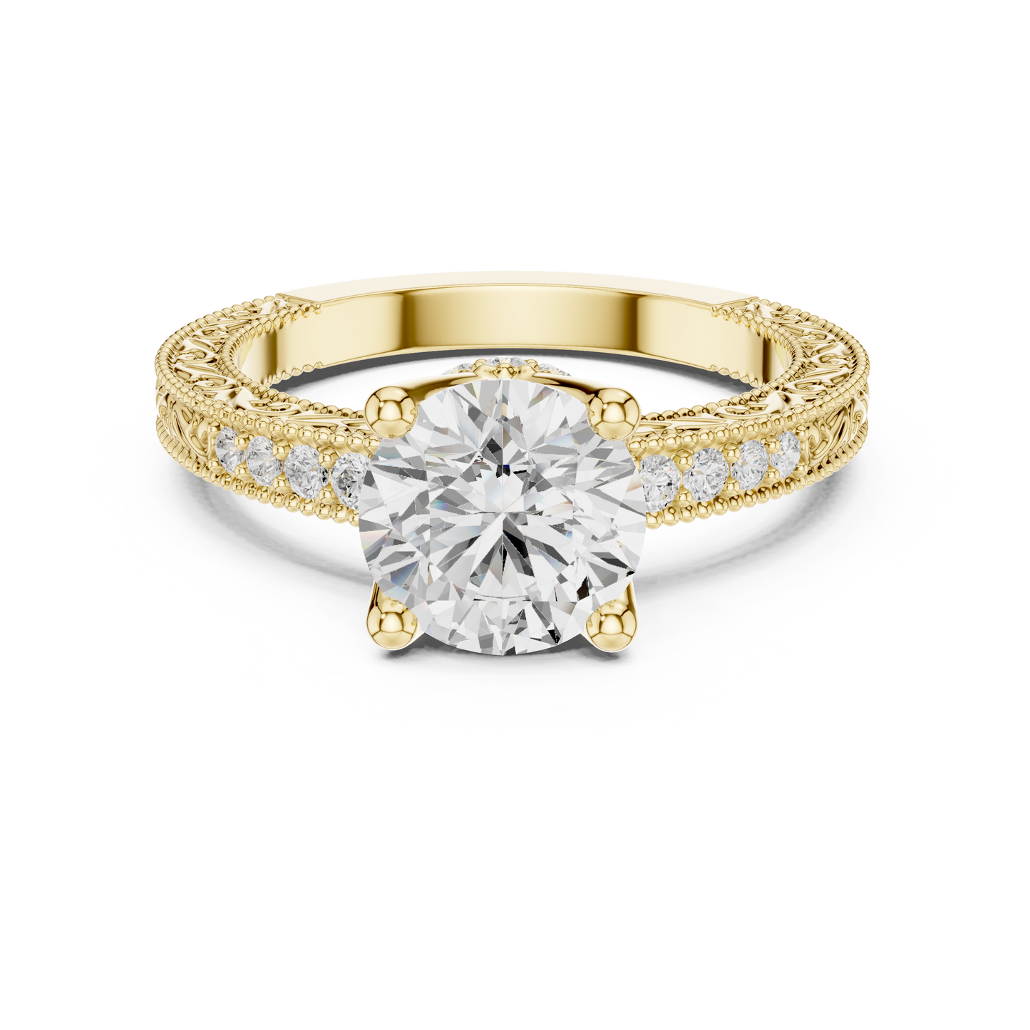 2.21ctw Vintage Round Cut Ring with Milgrain Filigree Hidden Halo | Yellow Gold