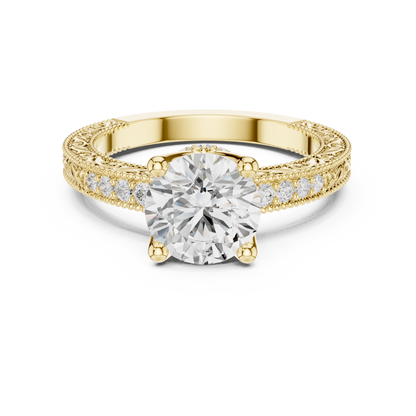 2.21ctw Vintage Round Cut Ring with Milgrain Filigree Hidden Halo | Yellow Gold