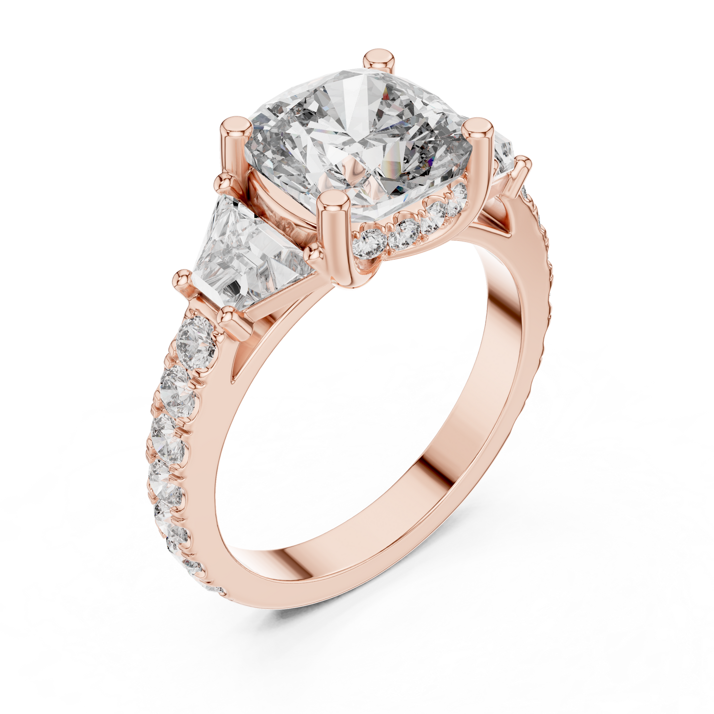 4.96ctw Cushion Diamond Three-Stone Ring Trillion Hidden Halo - Solid Gold