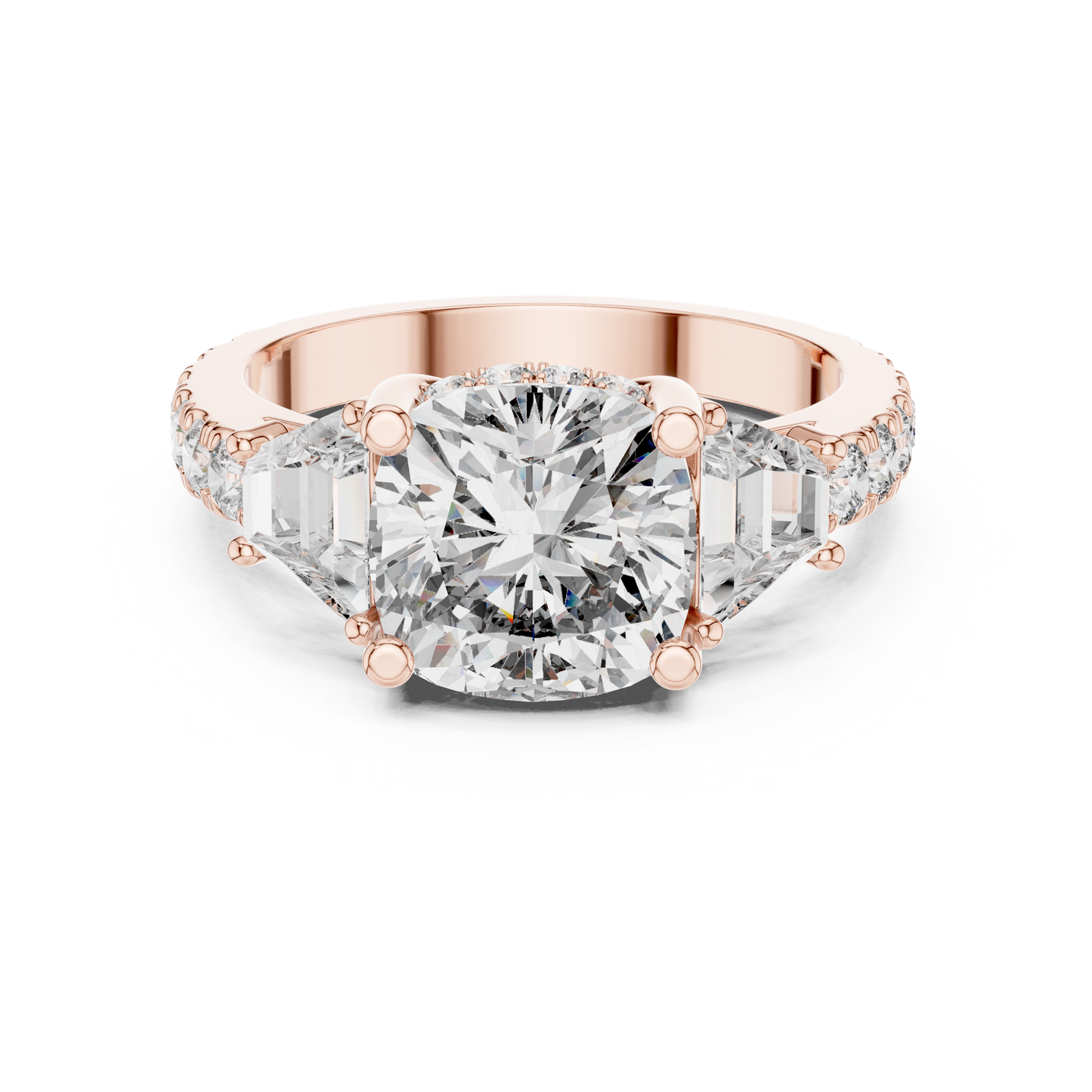 4.96ctw Cushion Diamond Three-Stone Ring Trillion Hidden Halo - Solid Gold