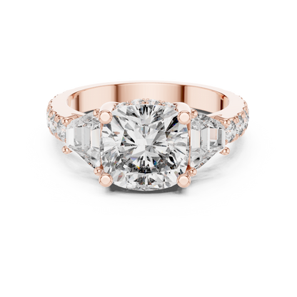 4.96ctw Cushion Diamond Three-Stone Ring Trillion Hidden Halo - Solid Gold