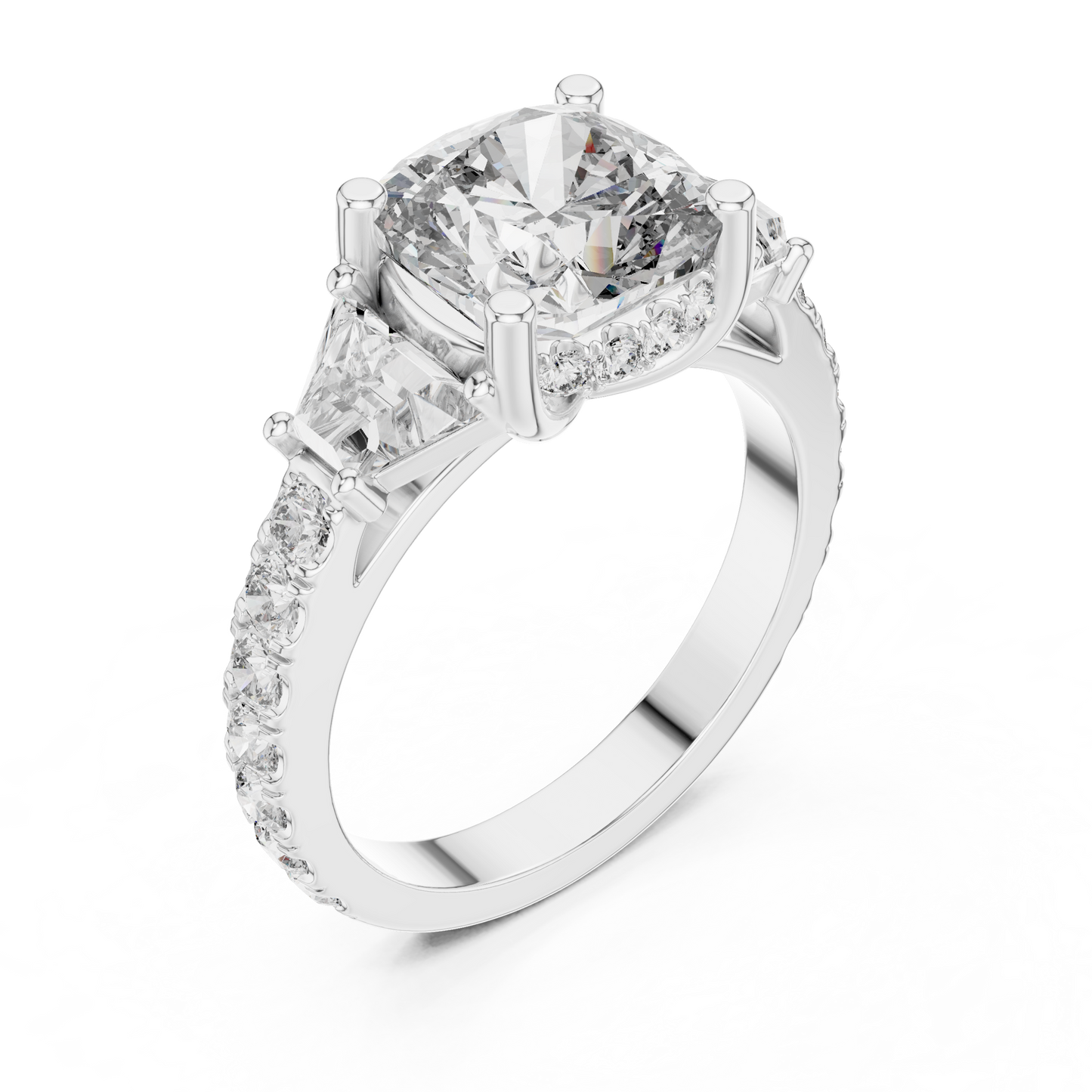 4.96ctw Cushion Diamond Three-Stone Ring Trillion Hidden Halo - Solid Gold