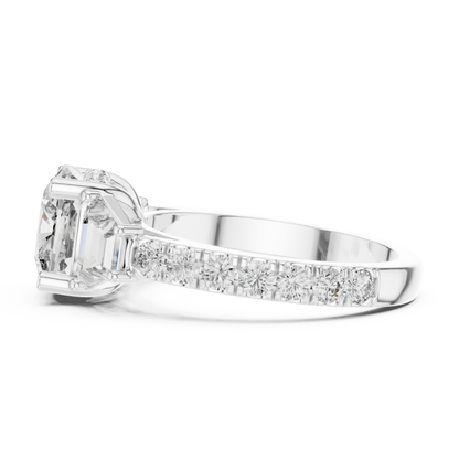 4.96ctw Cushion Diamond Three-Stone Ring Trillion Hidden Halo - Solid Gold