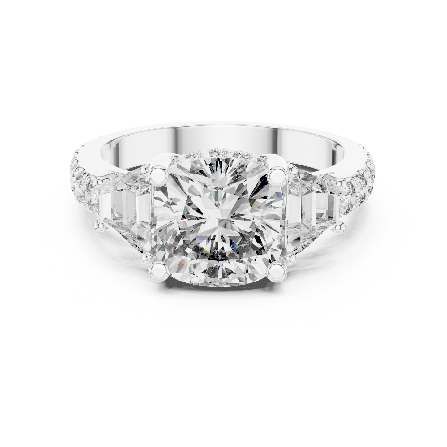 4.96ctw Cushion Diamond Three-Stone Ring Trillion Hidden Halo - Solid Gold