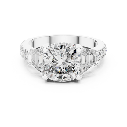 4.96ctw Cushion Diamond Three-Stone Ring Trillion Hidden Halo - Solid Gold