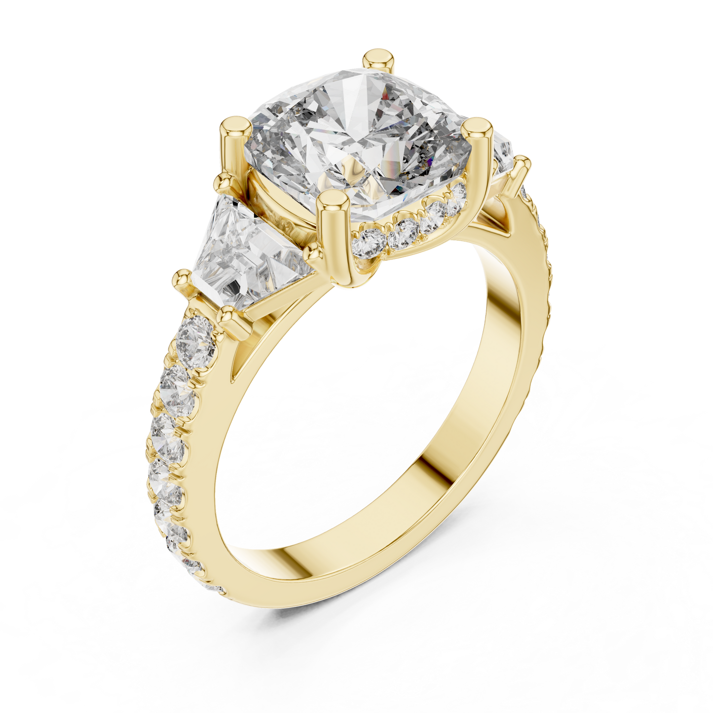 4.96ctw Cushion Diamond Three-Stone Ring Trillion Hidden Halo - Solid Gold