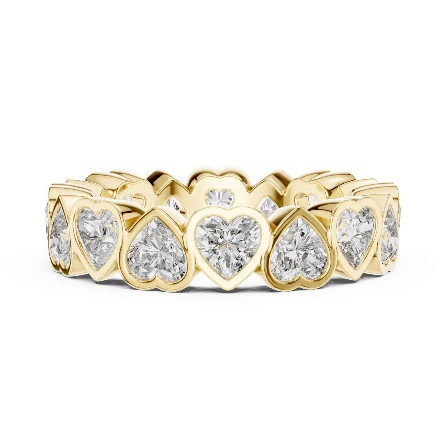 3.68ctw Yellow Gold Heart Diamond Full Eternity Ring | Bezel Set Diamond Band