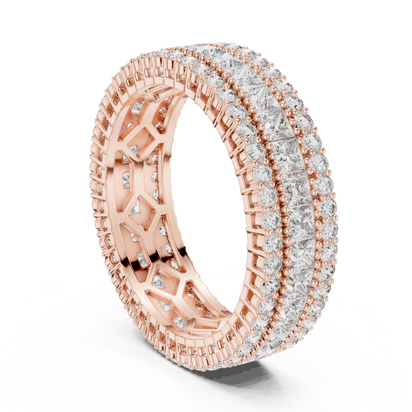 3.18ctw Princess Cut and Round Diamond Multi-Row Eternity Band in Yellow Gold