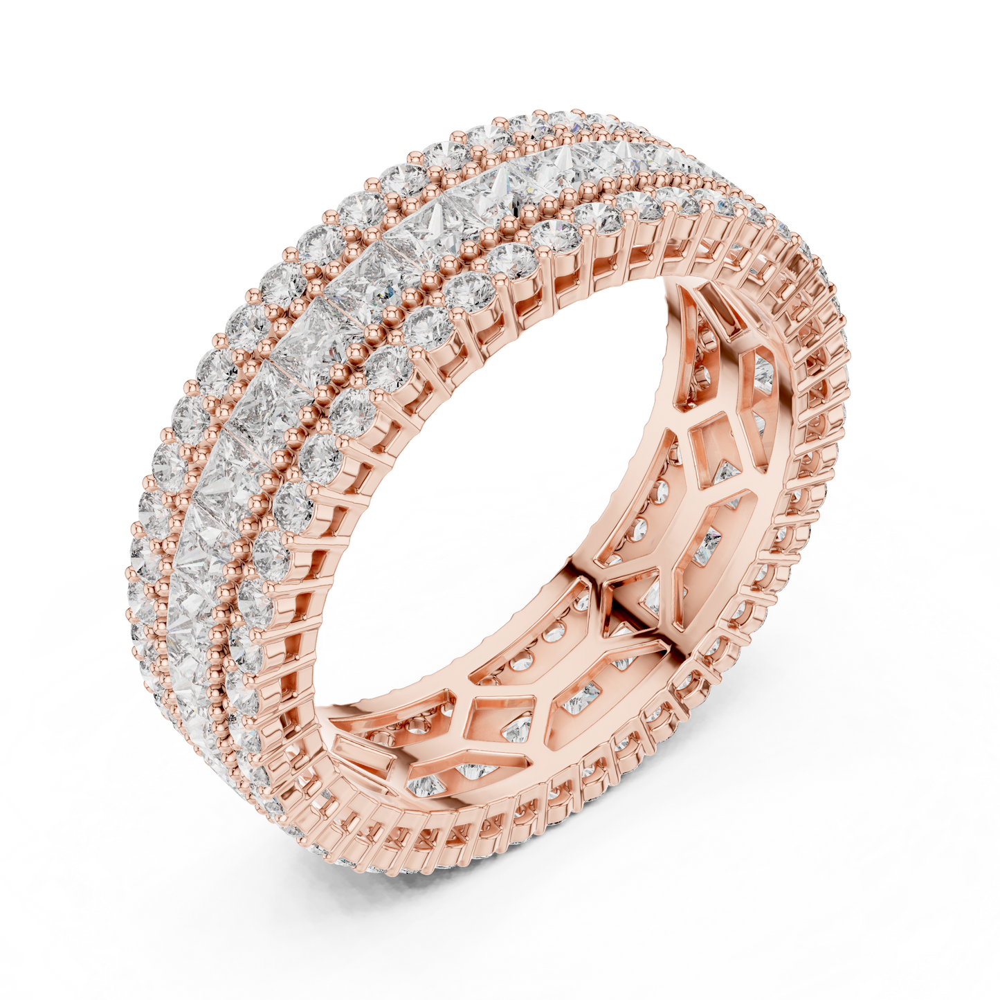 3.18ctw Princess Cut and Round Diamond Multi-Row Eternity Band in Yellow Gold