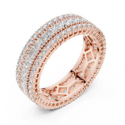 3.18ctw Princess Cut and Round Diamond Multi-Row Eternity Band in Yellow Gold