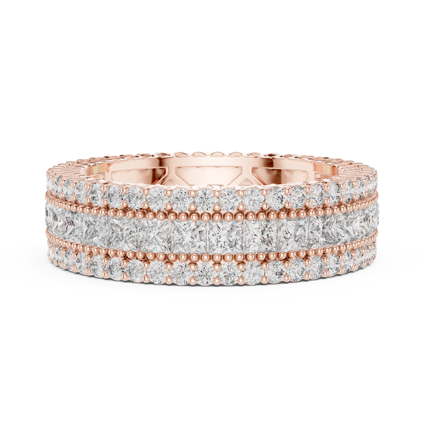 3.18ctw Princess Cut and Round Diamond Multi-Row Eternity Band in Yellow Gold