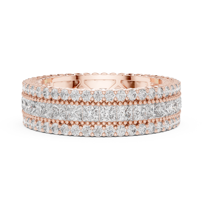 3.18ctw Princess Cut and Round Diamond Multi-Row Eternity Band in Yellow Gold