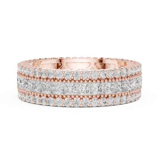 3.18 Carat Princess Cut and Round Diamond Multi-Row Eternity Band in Yellow Gold