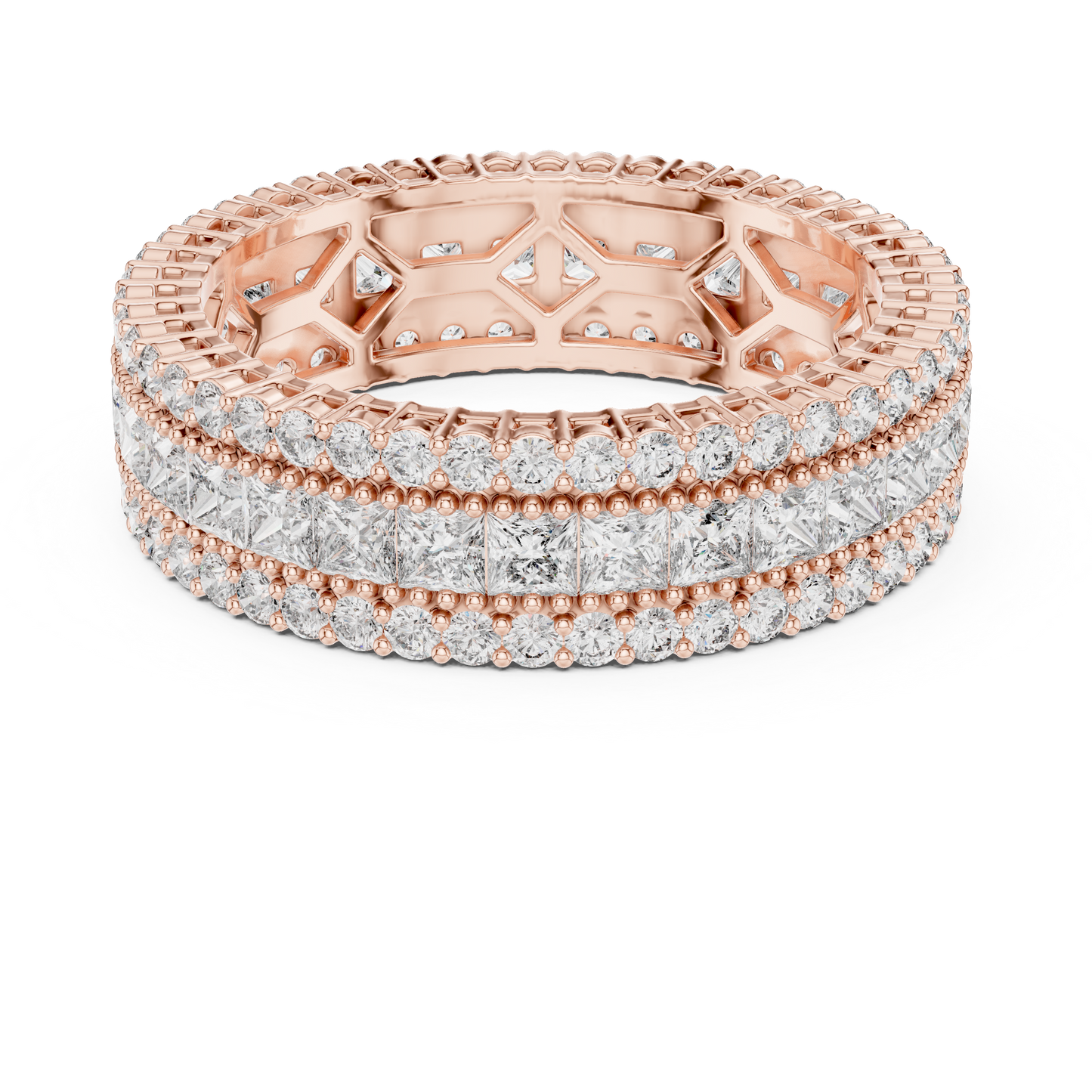 3.18ctw Princess Cut and Round Diamond Multi-Row Eternity Band in Yellow Gold
